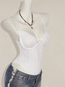 SHEIN ICON Y2K 春季服装狂欢节服装蕾丝拼布紧身吊带背心高腰露背女式连体衣 - 白色 - 查看 9