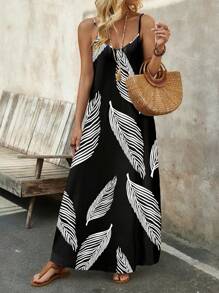 EMERY ROSE Plus Size Women's Stretchy Knit Casual/Vacation Long Dress, Comfortable Basic Cami Dress Suitable For Summer Suitable For Going Out,Holiday Outfits For Women Chic Dress,Spring - Black and White - View 2