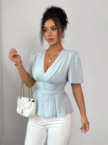 Elenzga Elegancka koszula damska z dekoltem w serek, dopasowana w talii, o kroju litery A, z krótkim rękawem, teksturowana, gładka, wiosna/lato - Niebieski - Zobacz 6