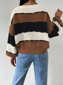 EMERY ROSE Women's Casual Everyday Contrast Color Round Neck Oversized Sweater Knit Pullover Fall Winter, Christmas - Multicolor - View 2