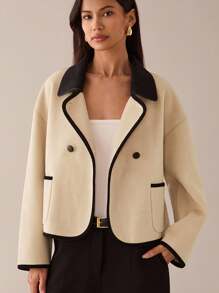 Lilora Women's Casual Contrast Color Lapel Drop Shoulder Long Sleeve Woolen Coat In Fall/Winter - Beige - View 6