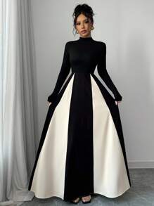 Rafferiza 欧美风撞色长袖A字连衣裙，收腰设计显瘦，秋冬女士长款连衣裙