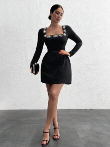 EURMUSE Rhinstone Embellishment Detailed Square Neck Long Sleeve Princess Shape Elegant Short Dress - Black - View 6