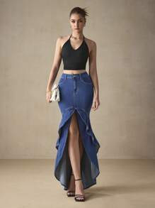 SHEIN BAE Ruffle Trim Denim Skirt - Light Wash - View 1