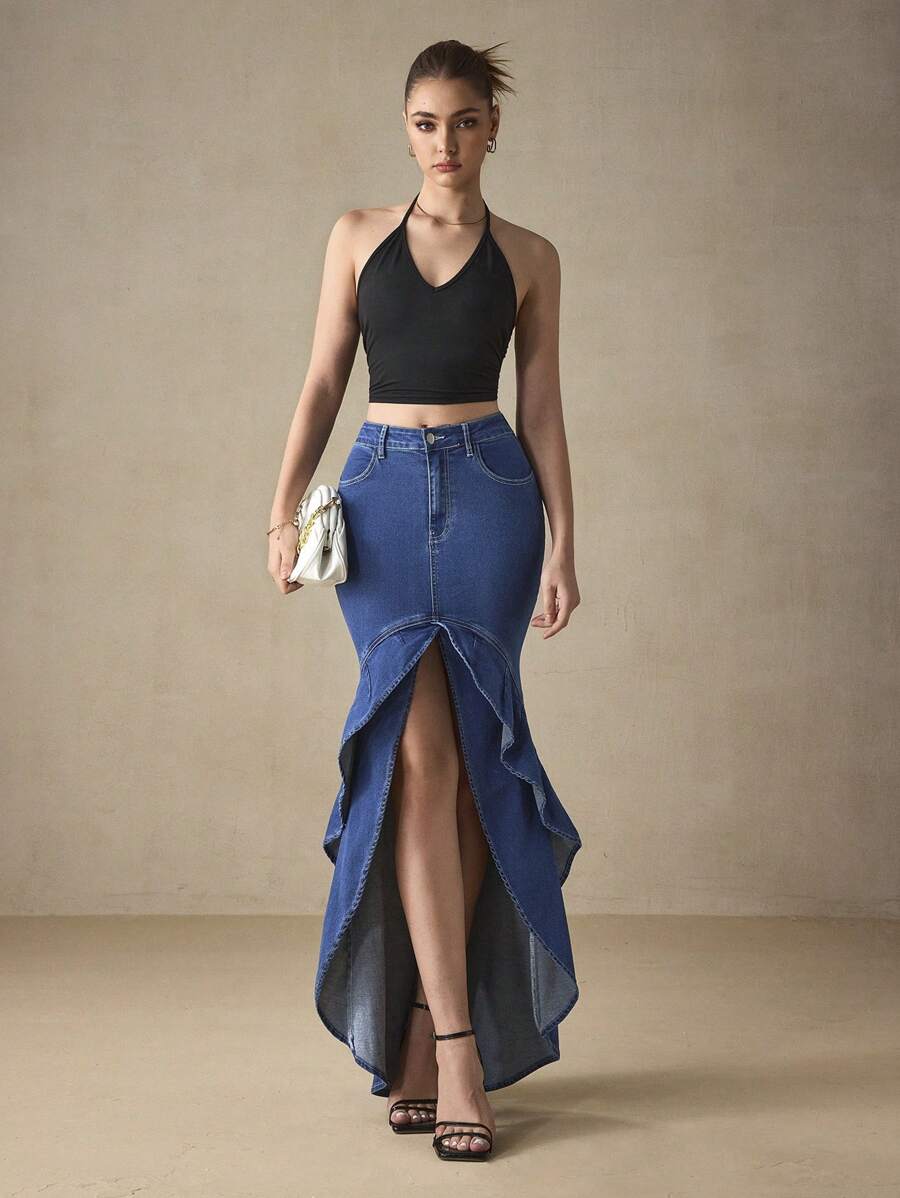 SHEIN BAE Ruffle Trim Denim Skirt - Light Wash - View 1