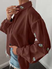 EURMUSE Baumwoll Blumen Stickerei Oversized Hemd