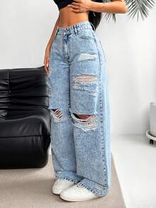SHEIN EZwear 大码休闲水洗做旧直筒牛仔裤 - 藍色 - 查看 1