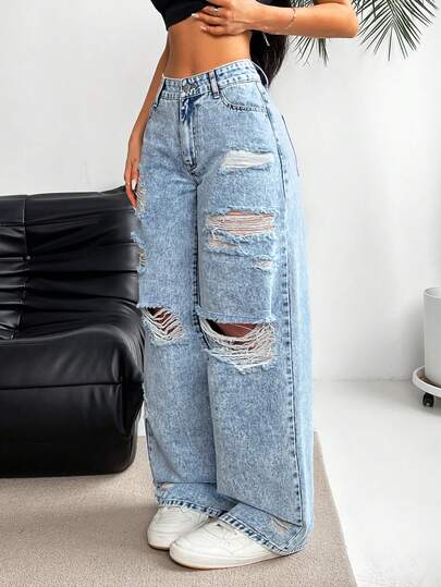 Jeanoix Plus Size Casual Washed Distressed Straight Leg Jeans