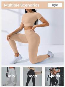 Gameset SHEIN Sport Conjunto de ropa deportiva para mujer con camiseta corta de manga corta sin costuras y elástica, y mallas - Caqui - Ver 8