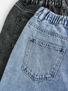 2 件套青少年女孩男女通用直筒牛仔裤，灰色和蓝色水洗，适合学校、周末、学习班