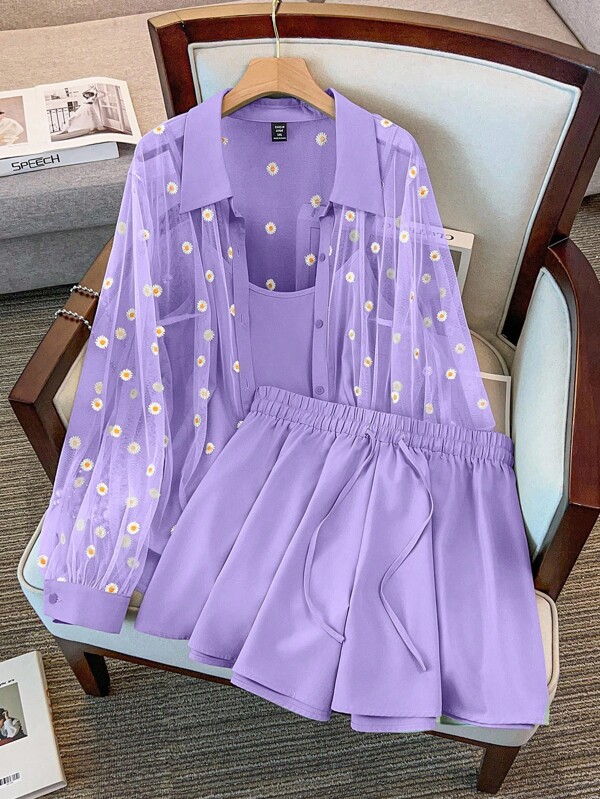 Regalyn Set 3 buc. bluză transparentă, camisol și pantaloni scurți, elegante și casual pentru vară, mărime plus, pentru femei