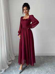 Modelyn 法式束腰方领荷叶边下摆 - 酒紅色 - 查看 6