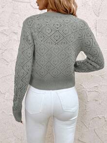 SHEIN Clasi Women's Solid Color Long Sleeve Single Breasted Casual Short Hollow Out Cardigan In Fall/Winter - Grey - View 2