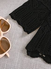 Breezaya Áo len cardigan mỏng khoét lỗ tay 3/4 nhẹ cho nữ, mùa hè - màu đen - Xem 3