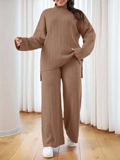 EURMUSE OLUS SIZE HIGH NECK CASUAL SWEATER CORDS