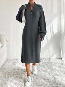 EURMUSE Damen Strickkleid mit Reißverschlussdetail - Dunkelgrau - Übersicht 4
