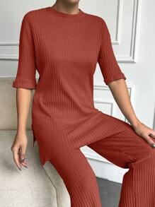 EURMUSE 100%Cotton Drop Shoulder Tee & Pants - Redwood - View 5