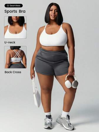 Seamluxe SHEIN Sport Plus Size Seamless Ribbed Sports Bra For Women U-Neck Open Back Criss Cross Athletic Workout Bralette Medium Support Micro Crop Activewear Top.