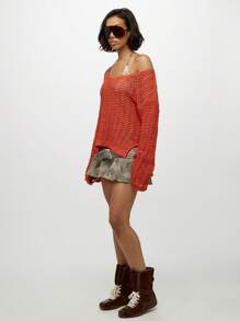 SUMWON WOMEN 钩针编织沙滩罩衫露肩长袖针织毛衣束腰外衣泳衣罩衫度假沙滩装套头衫 - 棕色 - 查看 4