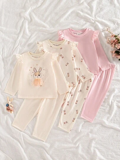 SHEIN Vintaside Kids 6件/3套女宝宝春秋休闲风格套装兔子印花袖上衣和长裤