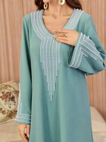 Al Najma 女士开斋节宽松刺绣串珠长袍 - 淺藍色 - 查看 6