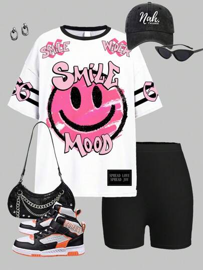 Set de 2 piezas de camisa y shorts con estampado de estilo callejero, conjunto informal de verano casual para niña preadolescente