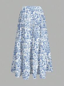 SHEIN EZwear 女士休闲度假三层蛋糕裙，适合夏季和度假，蓝白花卉、树枝和树叶印花 - 彩色 - 查看 2