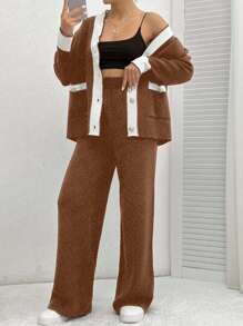 EURMUSE Ladies' Two Pieces Set Of Colorblock Cardigan With Rolled Edge And Drop Shoulder & Pants With Button Fly,Petite,Winter Clothes