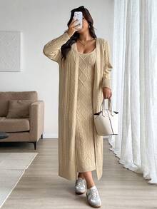 Easura Robe-pull long en tricot torsadé pour femmes grandes tailles, automne/hiver. Cardigan-pull à manches longues, décontracté chic. Convient pour la sortie, les vacances, les fêtes - Kaki - Voir 4