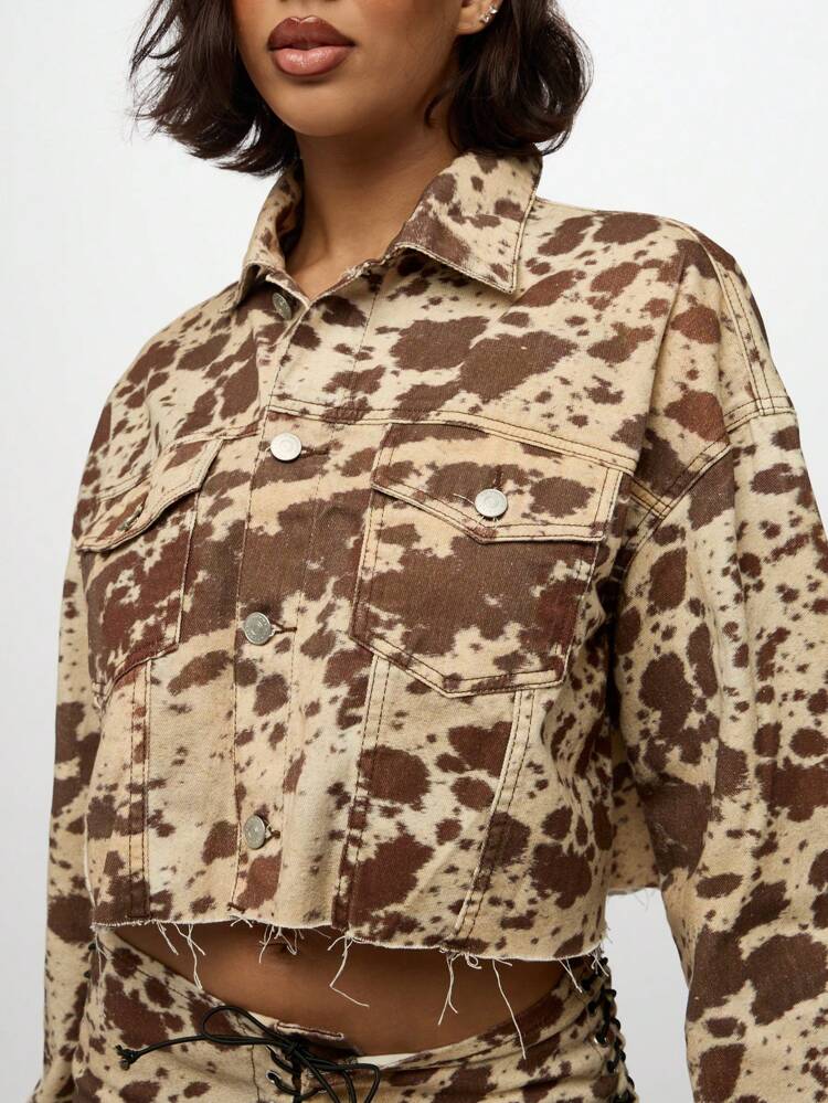 SUMWON WOMEN Cropped Trucker Jacket With Cow Print And Raw Edges