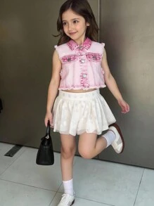 Conjunto de chaqueta vaquera y chaleco para niñas (talla pequeña), chaqueta vaquera rosa corta y estilosa estilo desgastado y deshilachado, chaleco sin mangas con look casual y chic para vacaciones