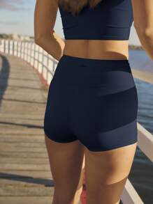 Aralina Leisurewear Summer Yellow Ruche Front Bike Short Ruffle Top Two Pieces Set - Navy Blue - View 3