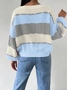 Chiquease 秋冬休闲拼色条纹灯笼袖针织毛衣针织套头衫秋季 - 彩色 - 查看 2