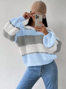 Chiquease 秋冬休闲拼色条纹灯笼袖针织毛衣针织套头衫秋季 - 彩色 - 查看 4