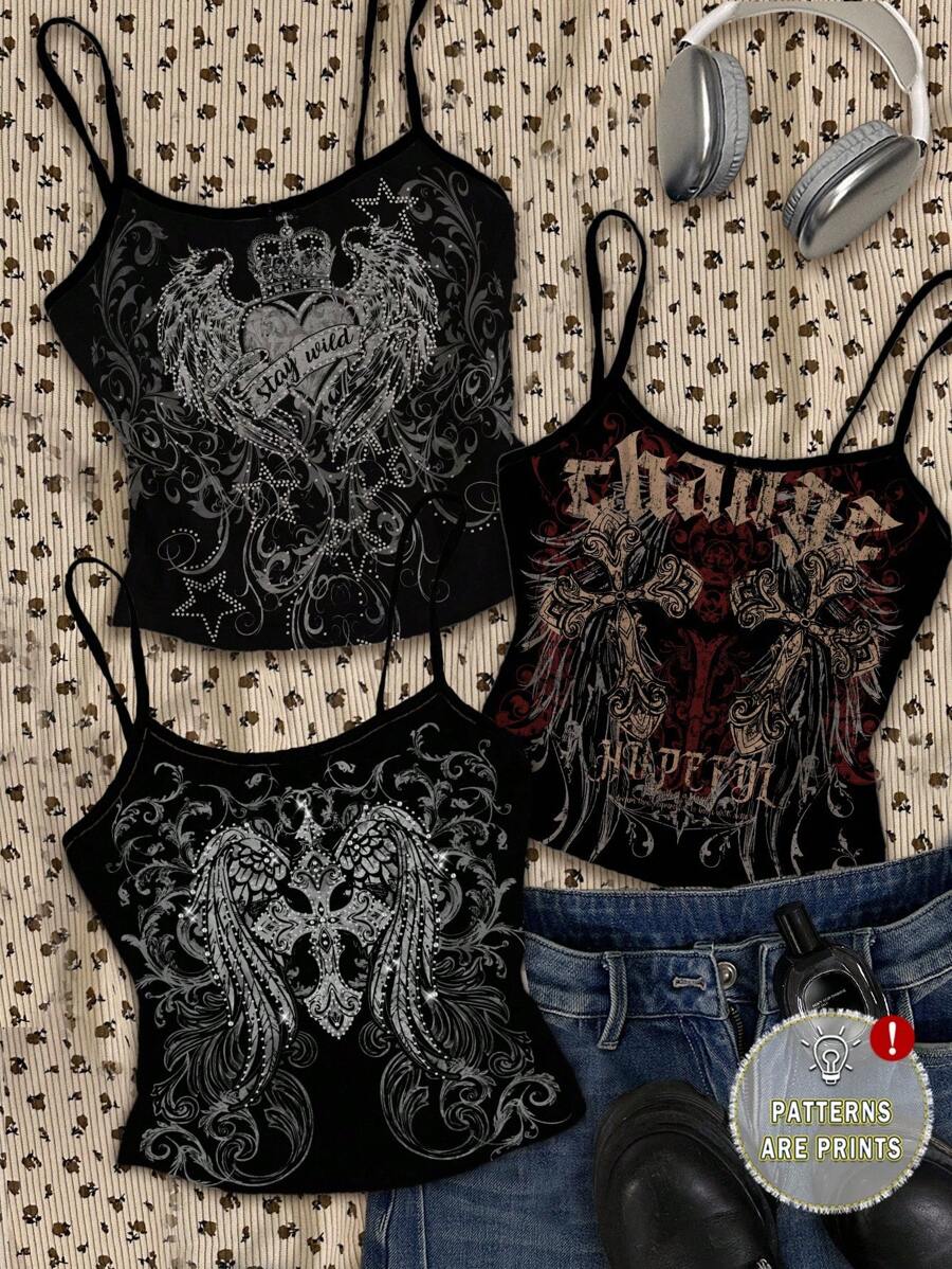Attitoon 3pcs/Set Women Plus Size Punk Cross & Wing Print Camisole And Tank Top, Suitable For Summer Halloween,Fall Clothes For Women Punk Crop Tops Gothic Crop Tops - Black - View 1