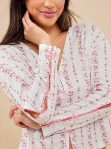 WESTFADE Striped Floral Print Pointelle V Neck Bow Front Long Sleeve Lounge Top Summer Boho Cowgirl Beach Vacation - Multicolor - View 2