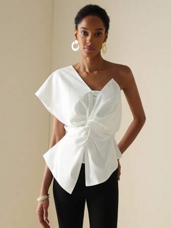 Vesra Fashionable Elegant Solid Color Twist One-Shoulder Blouse For Summer