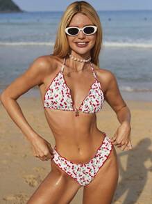 Swim Mod Women's Cute Bikini Set, 2 Pieces, Cherry Random Print & Rib Fabric, Casual Resort Swimwear, Summer Beach Outfit