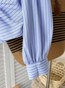 SHEIN Tween Girl Casual Vintage Retro Blue And White Striped Collar Ruched Asymmetrical Hem Woven Shirt, Back To School Striped Blue Shirt Blue Striped Shirt Blue And White Striped Shirt Baby Blue Striped Shirt Tween Girl Striped Blouse Fall Winter - Blue - View 5