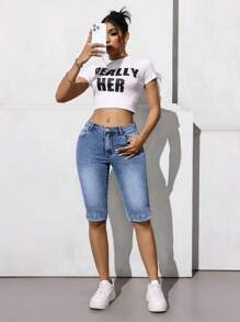 SHEIN Tall 街头休闲阔腿低腰5英寸牛仔短裤 - 中等水洗藍 - 查看 5