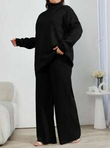 EURMUSE 2pcs High Neck Drop Shoulder Sweater And Ribbed Solid Color Sweater Pants - Black - View 3