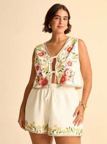 CAJUNI Plus Size Women Boho Vintage Holiday Casual Tropical Floral Print Tied Camisole Short Jacket And Shorts Set