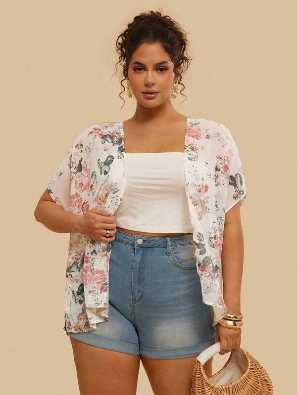SHEIN VCAY Plus Size Floral Print Batwing Sleeve Kimono Summer
