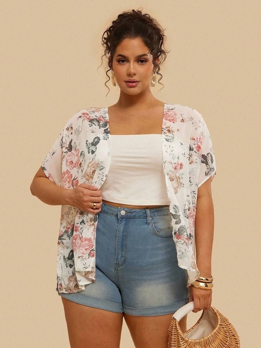 SHEIN VCAY Kimono de manga de murciélago con estampado floral para talla grande, de verano - Blanco - Ver 1