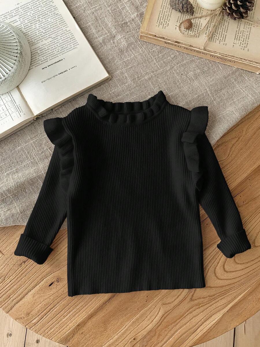 SHEIN LMoss Kids LMoss 女婴秋冬可爱纯色简约荷叶边长袖毛衣黑色上衣女婴黑色长袖上衣女婴黑色上衣女婴荷叶边上衣黑色女婴衬衫黑色荷叶边上衣女婴黑色衬衫女婴黑色长袖衬衫女婴黑色针织衫黑色女婴秋季上衣 - 黑色 - 查看 1