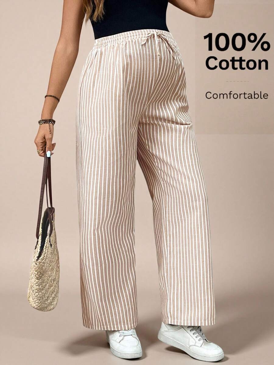 SHEIN 孕妇高腰系带条纹阔腿宽松休闲裤 - 卡其色 - 查看 1