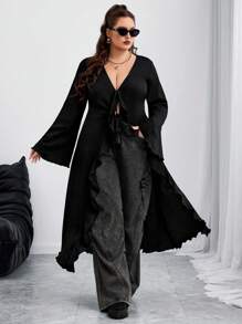 SHEIN CURVE+ Ropa de vuelta al colegio para mujer talla grande con cuello en V, manga acampanada y nudo delantero, suéter de punto negro, ropa de mujer talla grande, ropa de otoño para mujer, ropa de invierno para mujer con curvas