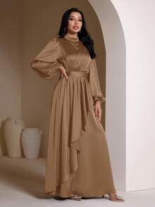 Veilorie 女士优雅纯色灯笼袖超长连衣裙 - 棕色 - 查看 5