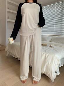 Dazy Plus 2-częściowy zestaw piżamowy dla kobiet w dużych rozmiarach, z luźnym krojem, z długim rękawem i spodniami, w blokach kolorów, odzież domowa, ubrania jesienno-zimowe, przytulne stylizacje