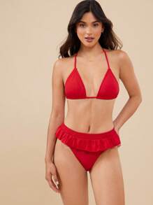 WESTFADE Nylon Ruffle Micro Skirt High Cut Leg Cheeky Coverage Bikini Bottoms Summer Beach Vacation Outift - Red - View 3